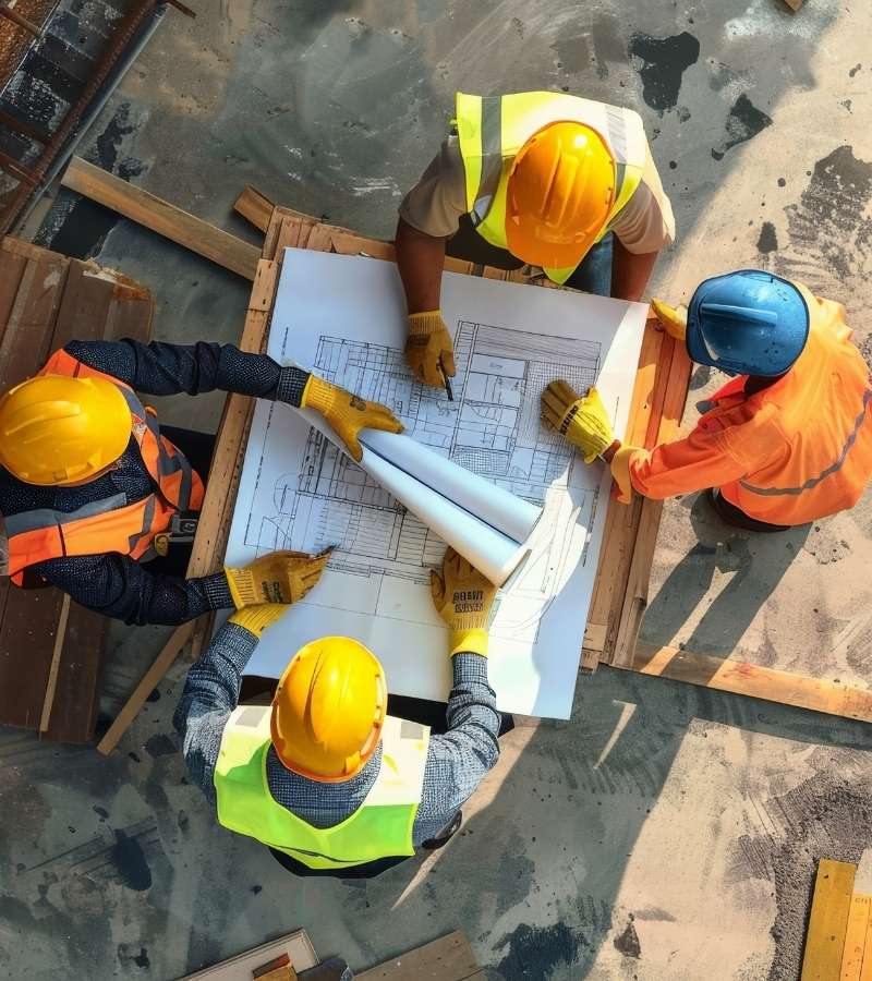 vue de haut de travailleur sur chantier en train de regarde un plan